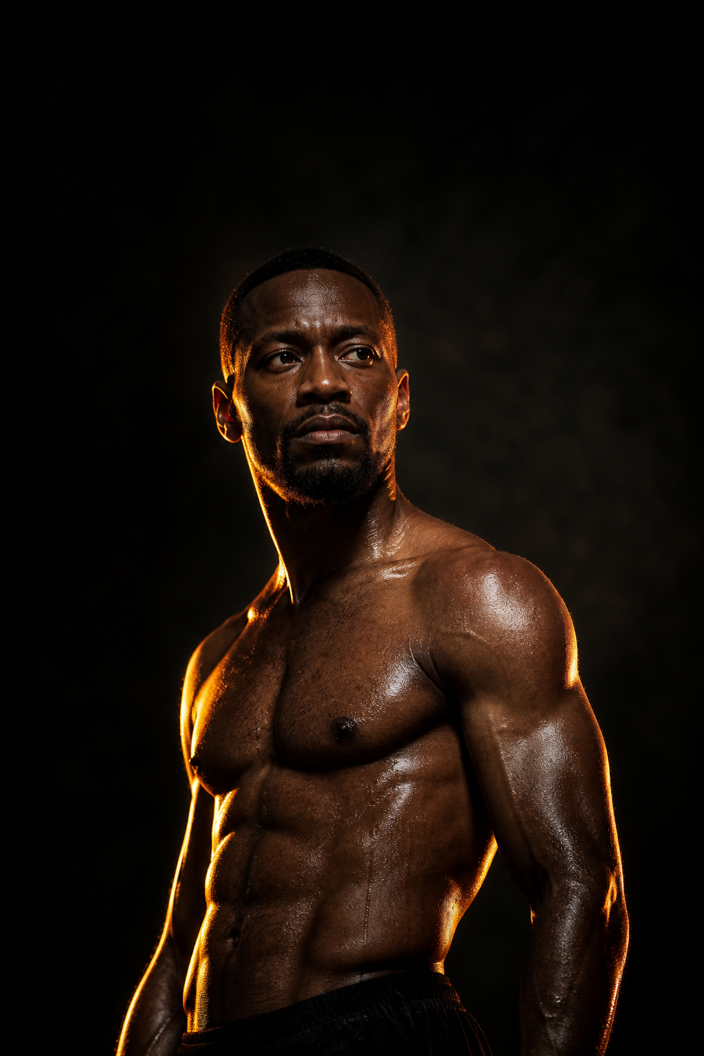 Hombre atleta con excelente tono muscular, iluminado con luz cálida sobre fondo oscuro