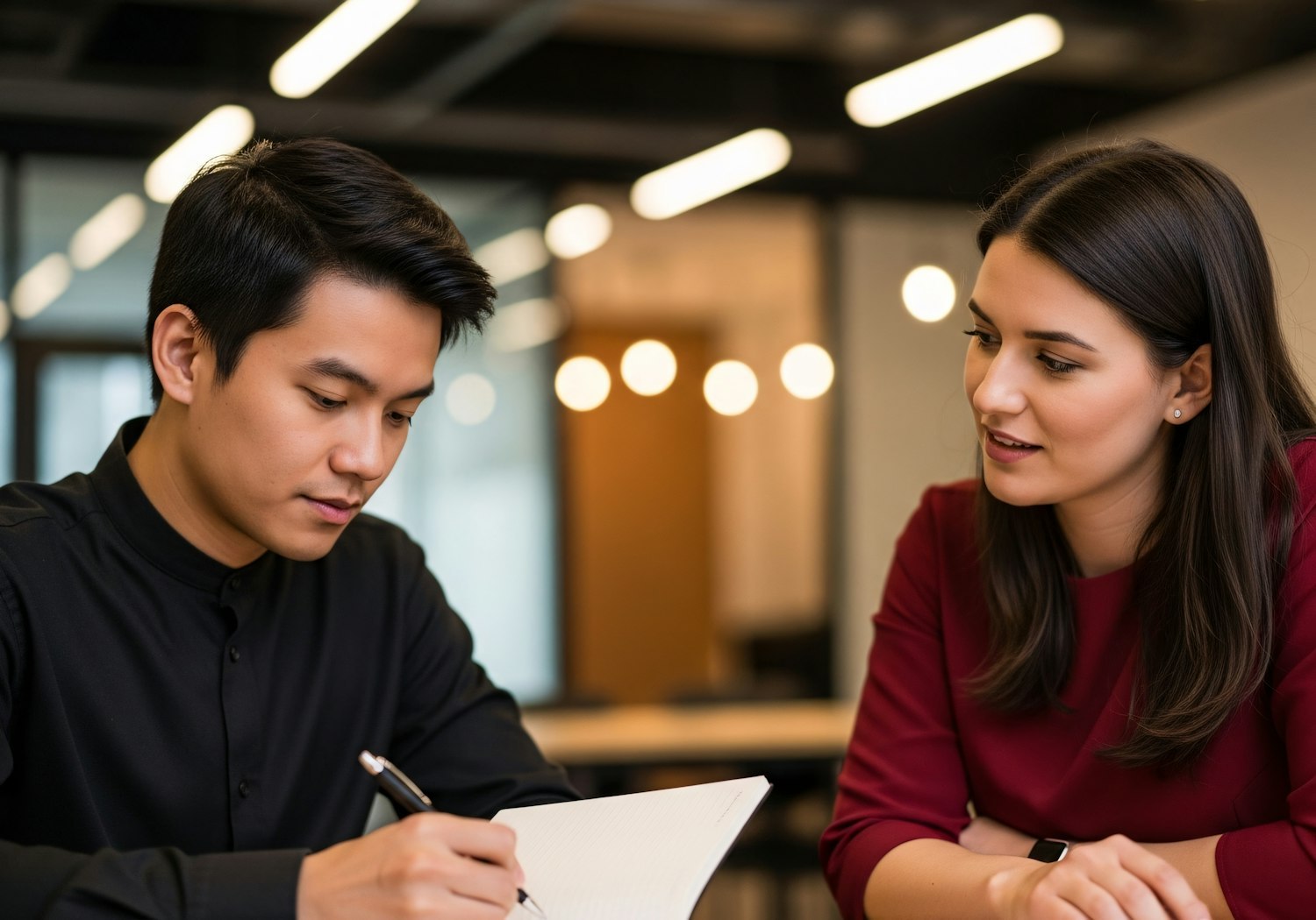 Dos profesionales del bienestar colaborando y tomando notas en un modelo multidisciplinario