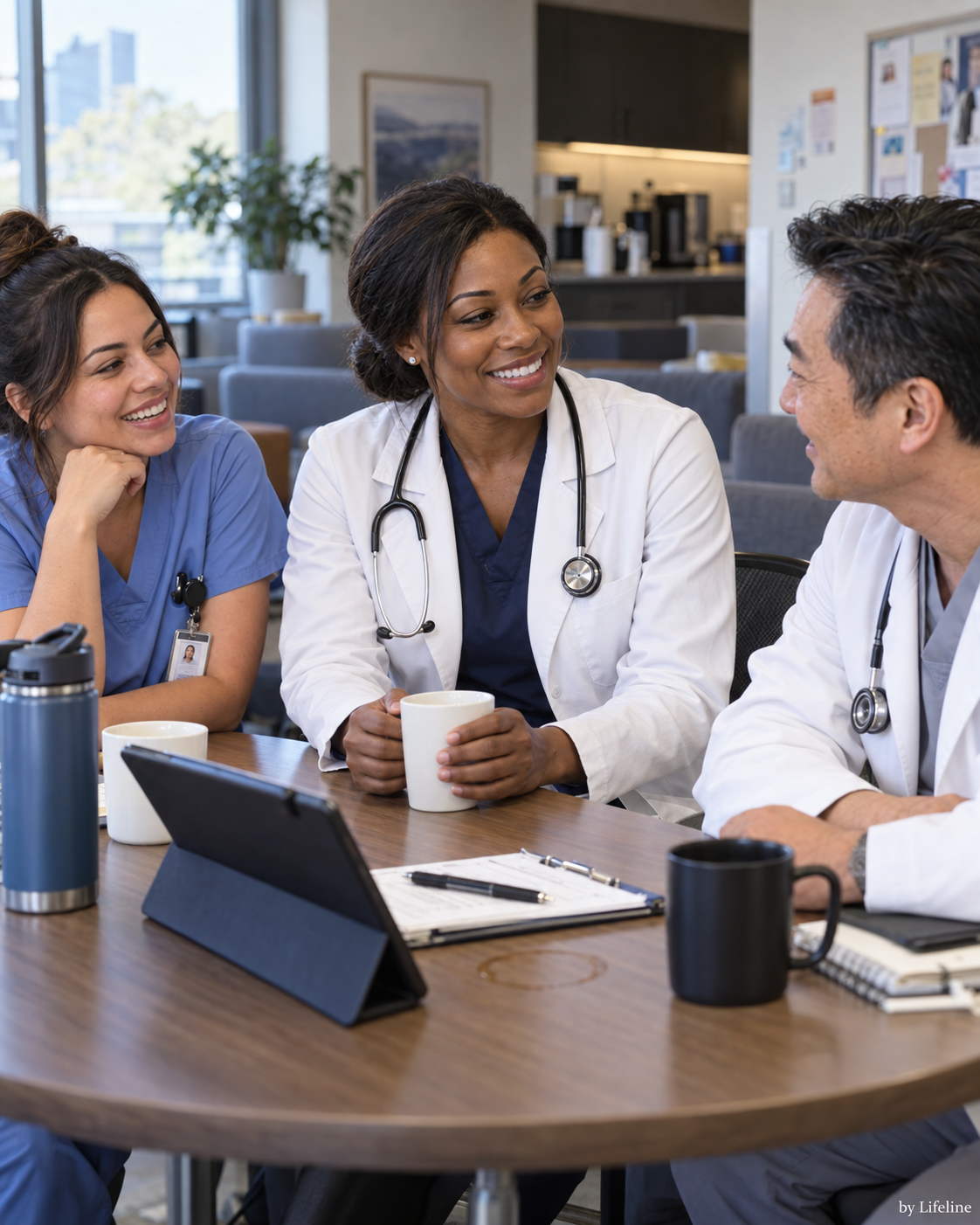 Doctora afroamericana sonriente con bata blanca conversando con su equipo médico multidisciplinario