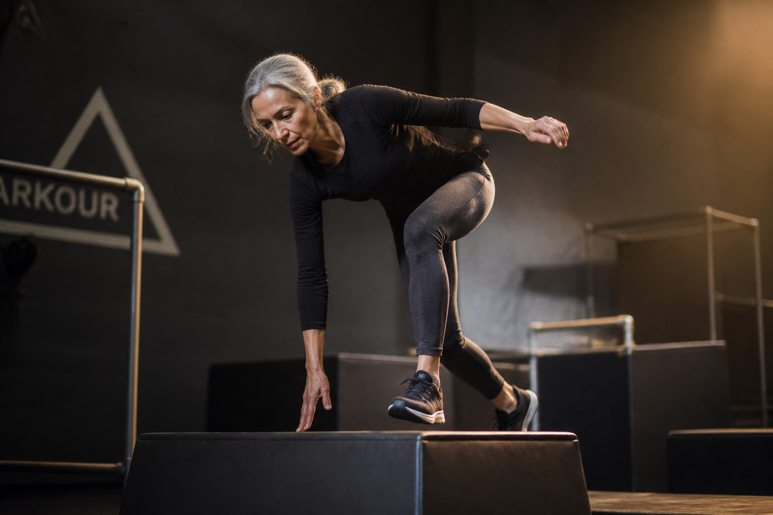Mujer de unos cincuenta años practicando parkour adaptado sobre equipo de entrenamiento en un estudio