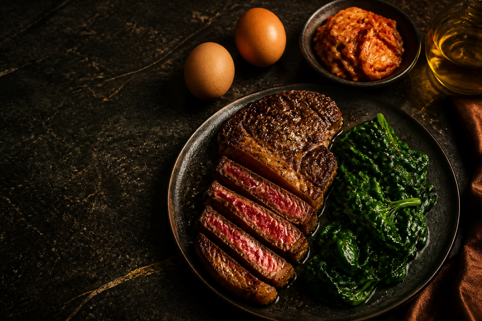 Ribeye sellado con espinaca salteada, kimchi y huevos sobre una encimera de cocina de alta gama