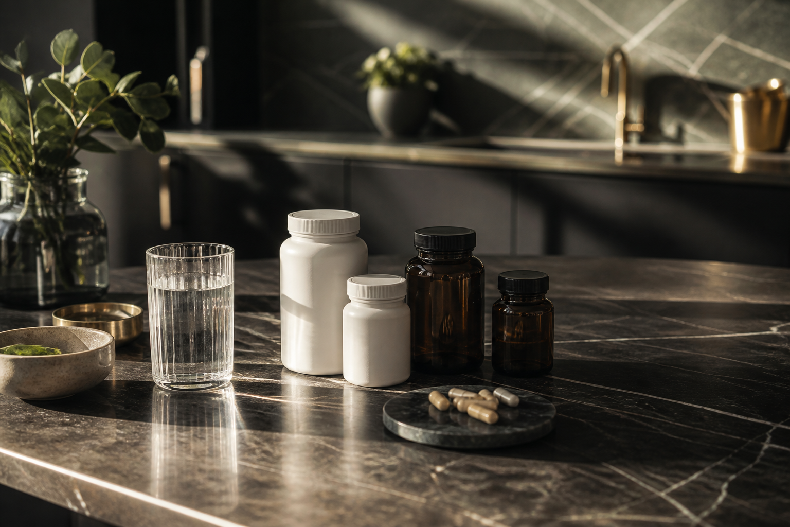 Suplementos premium sobre una encimera de cocina de gama alta con luz matinal