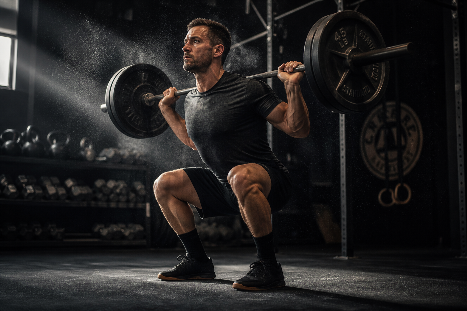 Hombre realizando sentadillas con barra y postura correcta en un gimnasio de alto nivel