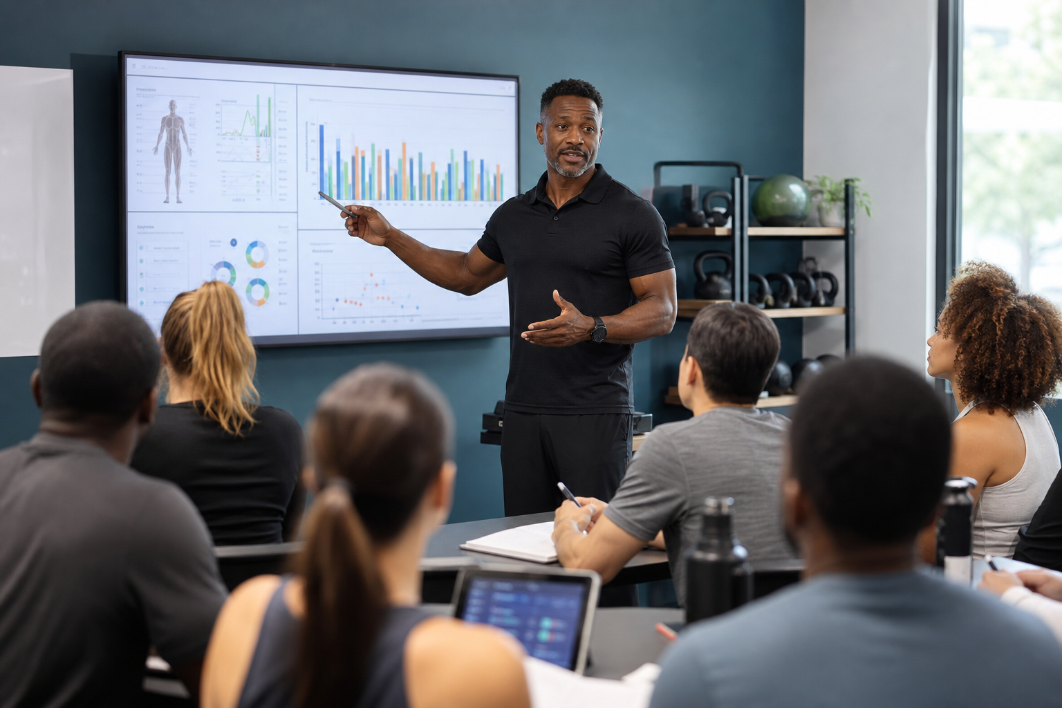 Head trainer afroamericano, fisiólogo del deporte y experto en nutrición, impartiendo una clase a un grupo de entrenadores y dietistas hombres y mujeres