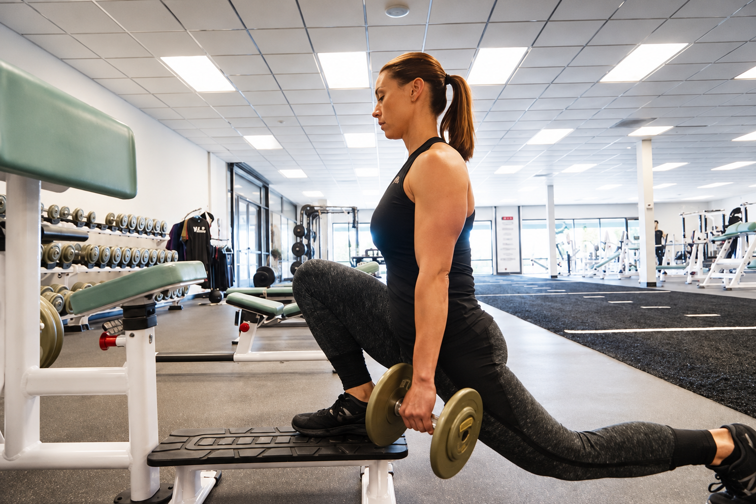 Mujer realizando un split squat en el gimnasio con el pie delantero elevado sobre un step y una mancuerna en la mano, torso erguido