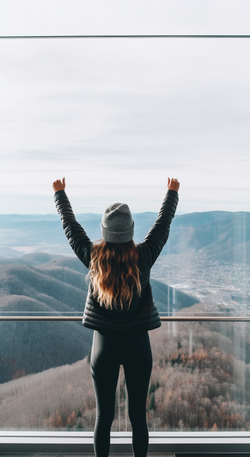 Mujer fuerte con los brazos en alto sobre una montaña, celebrando su libertad de movimiento