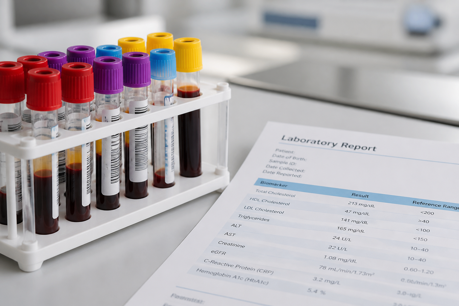 Tubos de muestras de sangre y análisis de laboratorio