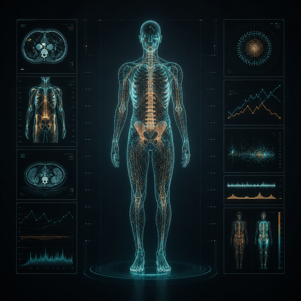 Visualización abstracta de un escaneo corporal y datos de salud