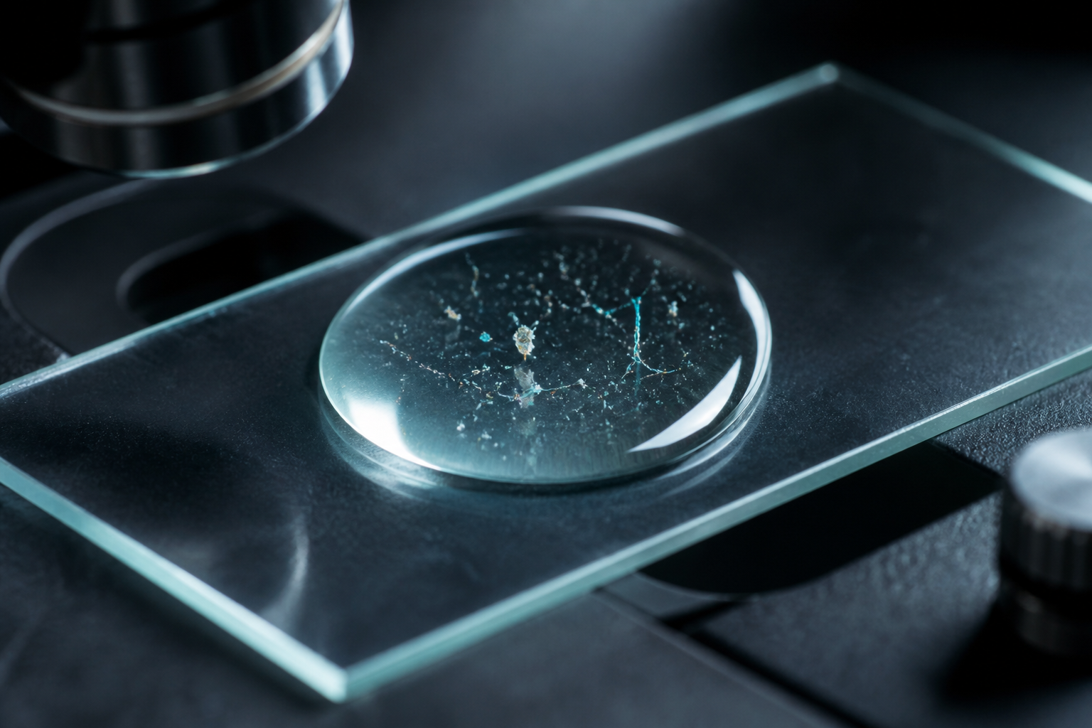Muestra de agua bajo microscopio con partículas sintéticas suspendidas