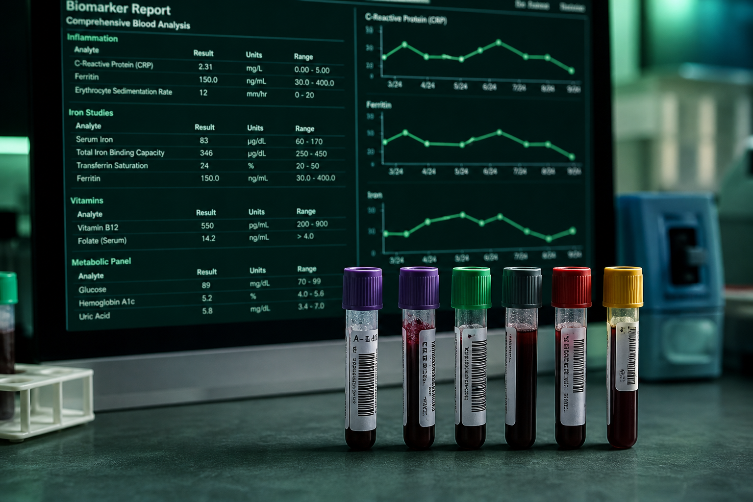 Viñetas de muestra de sangre sobre superficie oscura junto a una pantalla con reporte de biomarcadores y gráficas en verde menta — Labs by Lifeline
