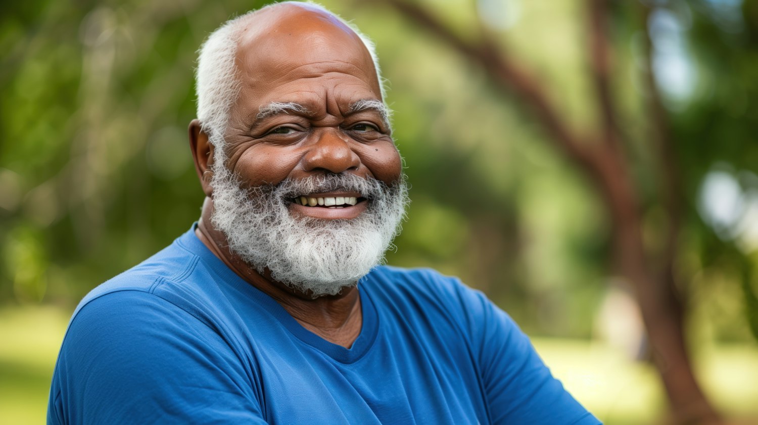 Hombre mayor sonriendo en un parque al aire libre