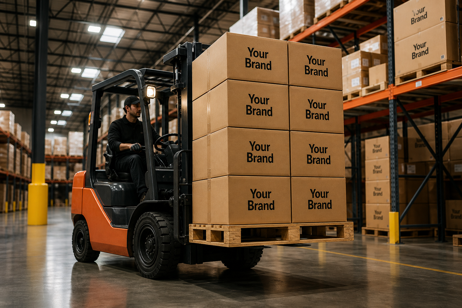 Montacargas transportando pallets de cajas con la marca Your Brand