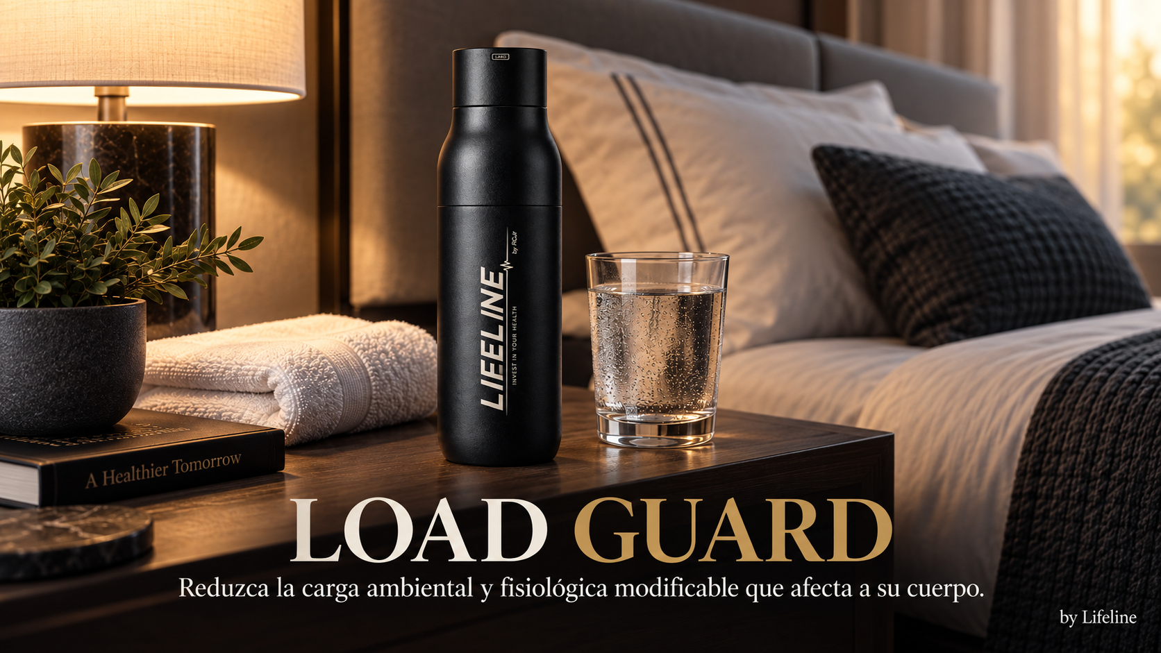 Load Guard by Lifeline — botella Lifeline sobre mesa de noche