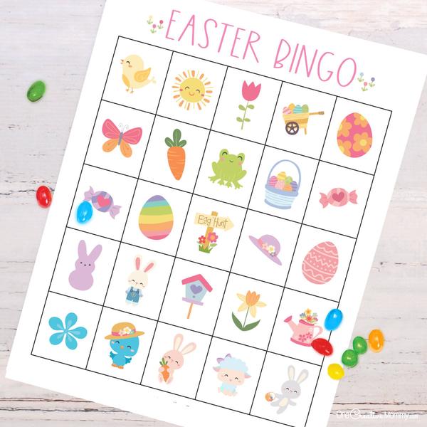 Close up image of Easter Bingo with jellybeans scattered across the game board.