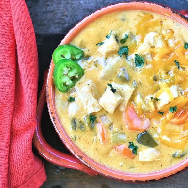 white chicken chili in a two handled Italian bowl