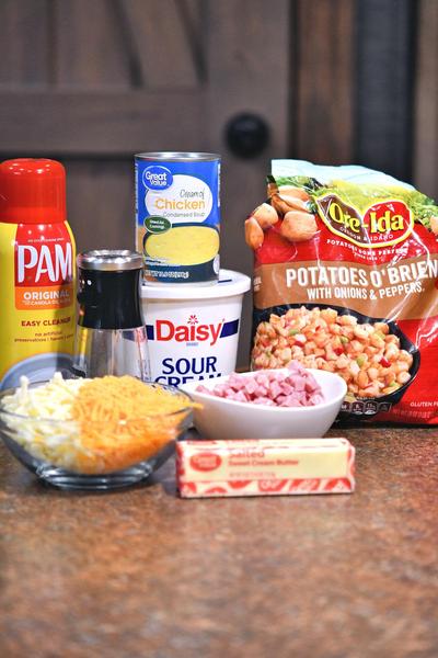 ingredients for potatoes o'brien casserole on countertop