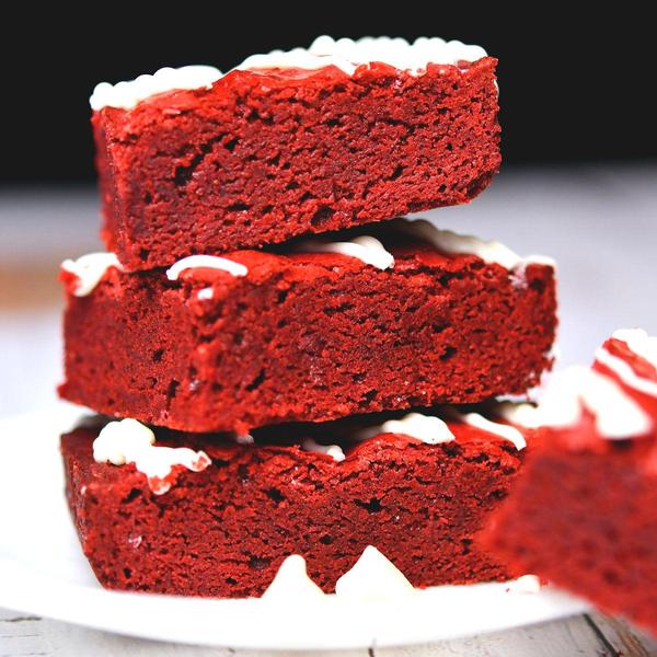 closeup of a stack of red velvet brownies