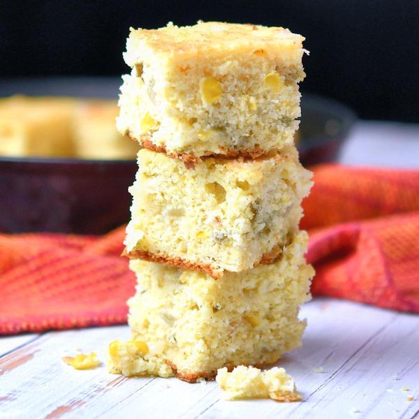 closeup of squares of jalapeno mexican cornbread