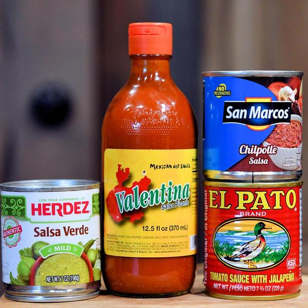 favorite Mexican sauce brands: Valentina San Marcos Herdez El Pato