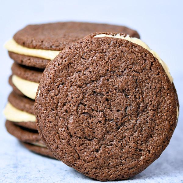 closeup of chocolate peanut butter sandwich cookies