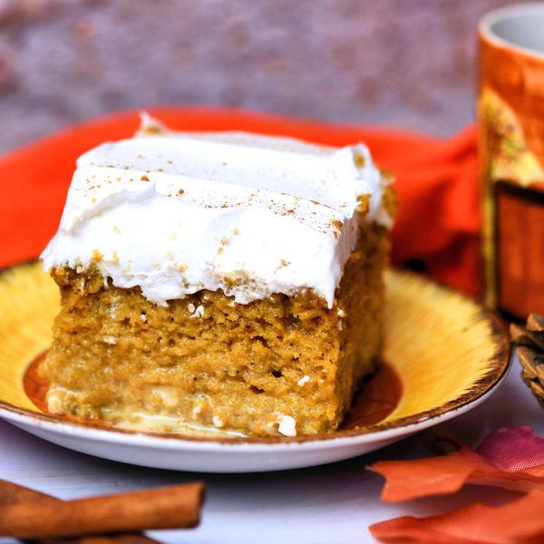 closeup of square slice of pumpkin tres leches cake