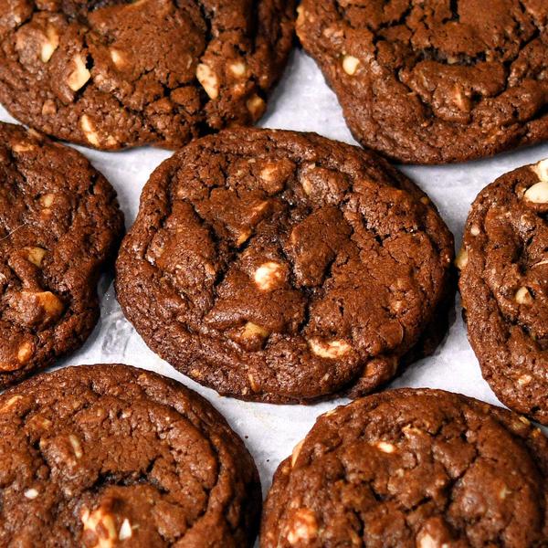 closeup of chocolate macadamia nut cookies