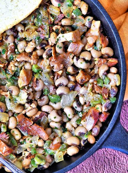 closeup of loaded black eyed peas recipe
