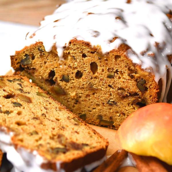 closeup of sweet potato apple cinnamon cake on a cutting board