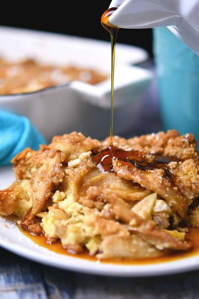 cinnamon apple french toast on a white plate