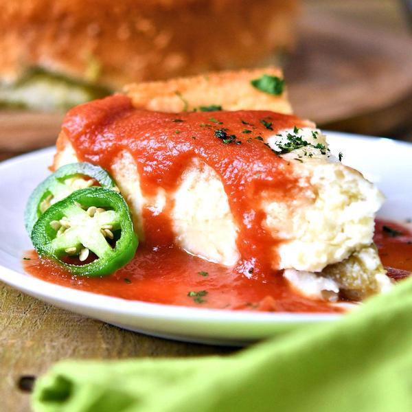 slice of chili relleno casserole on white plate