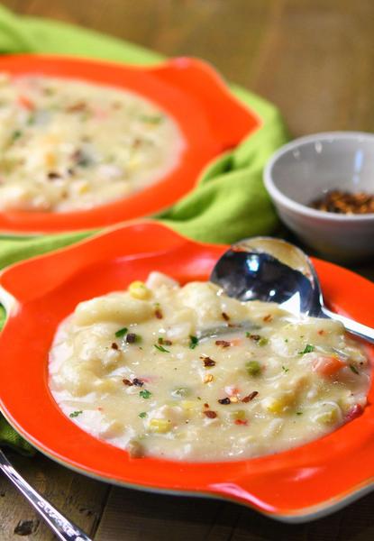 chicken pot pie soup in a vintage two handled bowl from Poland