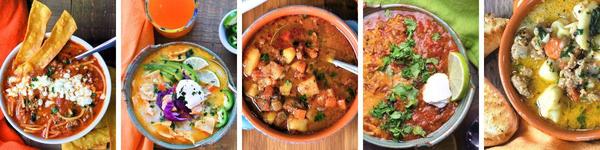 photo strip of five different bowls of soup