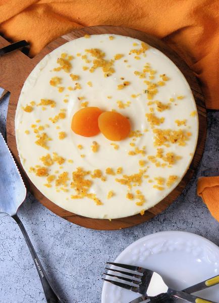 closeup of whole apricot no bake cheesecake