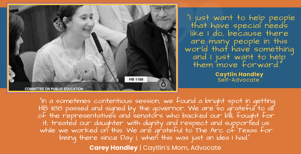A photo of Caytlin testifying before the Committee on Education alongside a quote from her and her mother.