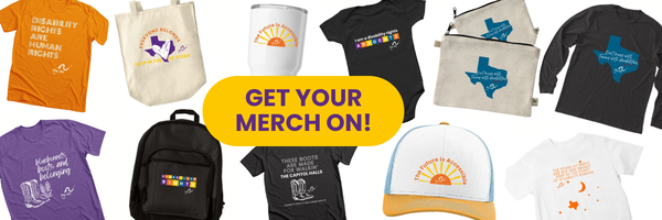 A colorful collage of disability rights t-shirts, bags, cups, hats, and backpacks designed by our staff.