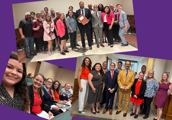 A collage of three photos: one of Rep. Bucy and a group of supporters of HB 2081, one of Senator Menendez and a group of supporters of SB 1679, and one of The Arc of Texas advocates sitting and waiting to testify in a committee hearing.