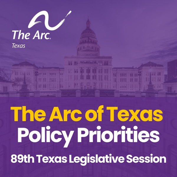 Photo of the Texas Capitol behind a transparent purple box that says, “The Arc of Texas Policy Priorities 89th Texas Legislative Session.” The image also contains The Arc of Texas logo.