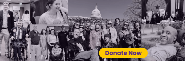 A black and white photo collage of disability rights advocates in various settings. The image includes a "Donate Now" button that directs to https://www.thearcoftexas.org/donate/