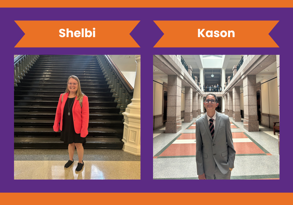 A purple background with orange banners that say "Shelbi" atop a photo of her and "Kason" atop a photo of him at the Texas Capitol.
