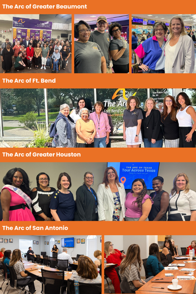 A orange background with photos from events in Beaumont, Ft. Bend, Houston and San Antonio.