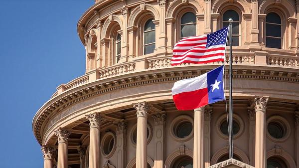 Image of the Texas Capitol dome on with a clear blue sky in the background. There is a flagpole in front of the dome with the American flag on top and the Texas flag
underneath, blowing in the wind.