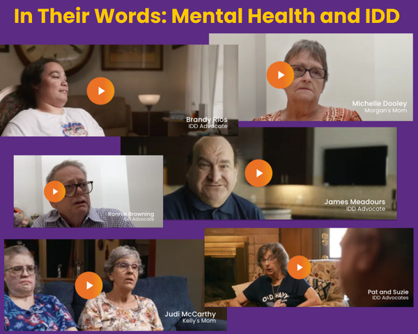 A collage of screenshots from on-camera interviews with people with IDD and their families.