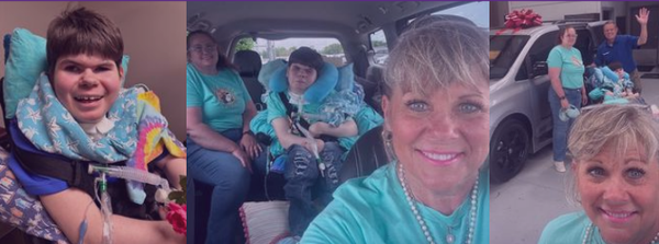 A collage of three photos: one of Jonathan sitting amongst colorful pillows smiling, one of Tammy, Jonathan and his nurse sitting in their new van, and one of them posing in front of their new van with a big red bow on top of it.