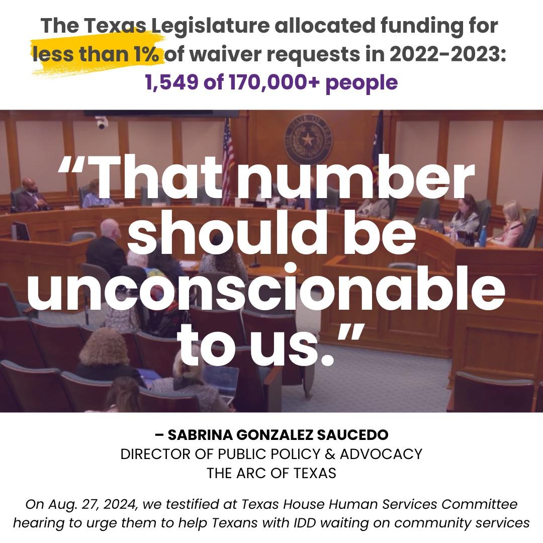 A photo of Sabrina testifying before the Texas Health Human Services Committee on 8/27/24. The image says: The Texas legislature allocated funding for less than 1% of waiver requests in 2022-2023: 1,549 of 170,000+ people. "The number should be unconscionable to us." -- Sabrina Gonzalez Saucedo, Director of Public Policy & Advocacy, The Arc of Texas. On
Aug. 27, 2024, we testified at Texas House Human Services Committee hearing to urge them to help Texans with IDD waiting on community services.