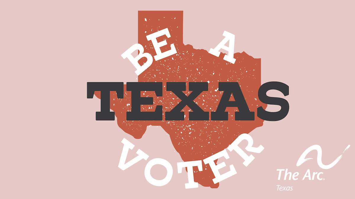 A dark orange textured icon in the shape of Texas with a peach-color background. Circular text wraps around the outline of Texas and says “Be A Voter” in white font.
“Texas” is in the middle of the icon in gray font. The Arc of Texas logo is in the bottom-right corner. 