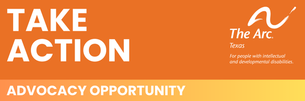 Orange and yellow email banner background with white text says, "TAKE ACTION: ADVOCACY OPPORTUNITY" and includes The Arc of Texas logo.