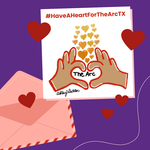 #HaveAHeartForTheArc Image has a purple background with a pink envelope and an illustration of two hands making a heart shape around the words "The Arc".
