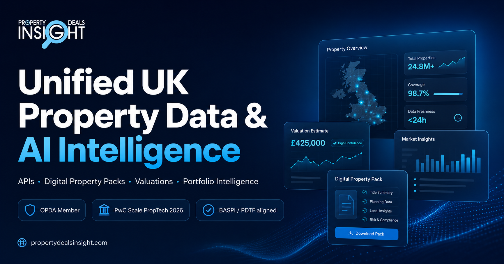 Property Deals Insight — Unified UK Property Data and AI Intelligence. APIs, Digital Property Packs, Valuations, Portfolio Intelligence. OPDA Member, PwC Scale PropTech 2026, BASPI/PDTF aligned.