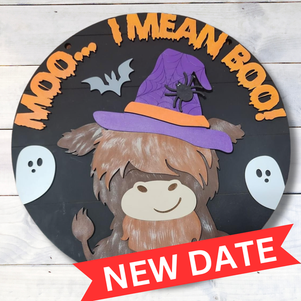 Painted Moo I Mean Boo Highland Cow Door Hanger