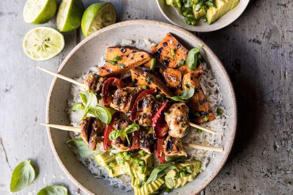 grilled chili honey lime chicken and sweet potatoes with avocado salsa.